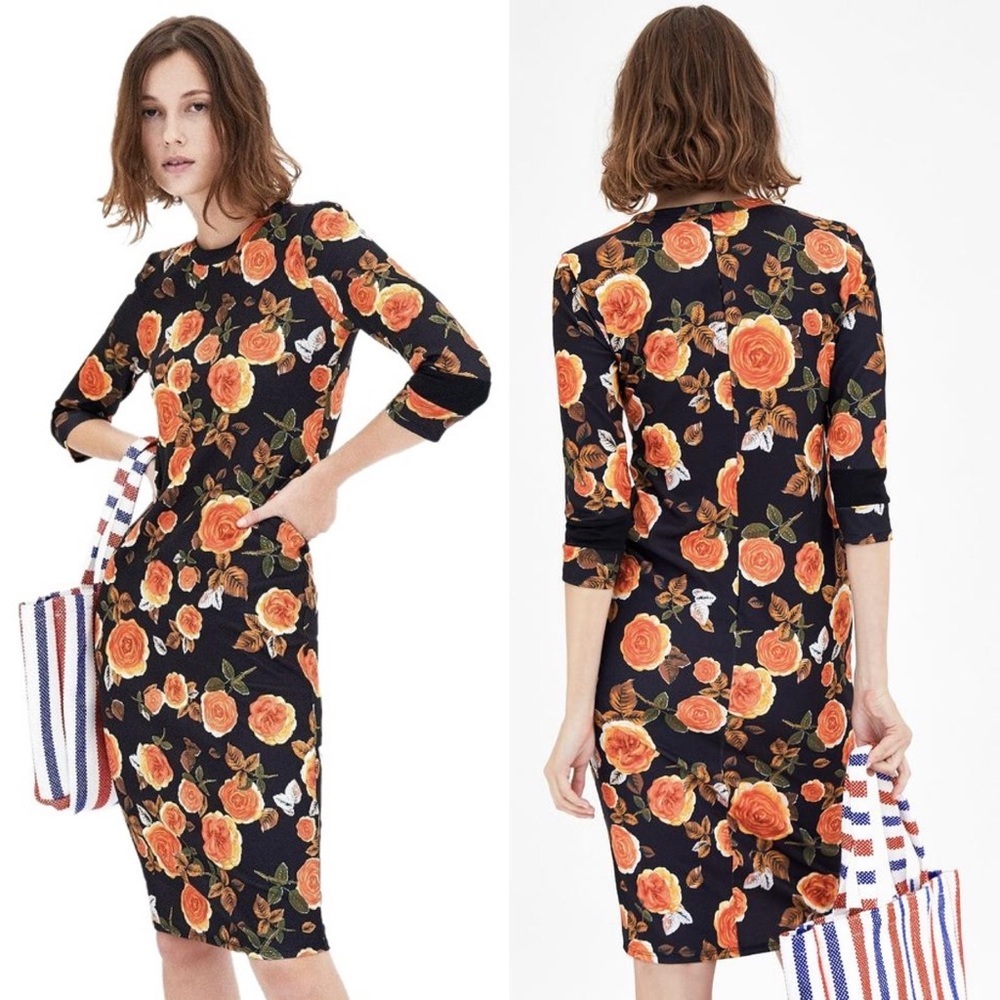 ZARA Black Orange Floral Midi Bodycon Dress, S